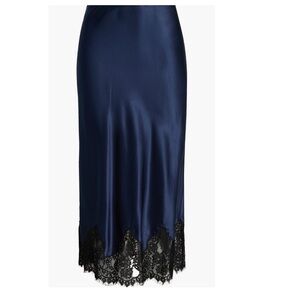 Reformation Navy Satin Maxi Skirt with Black Lace Trim